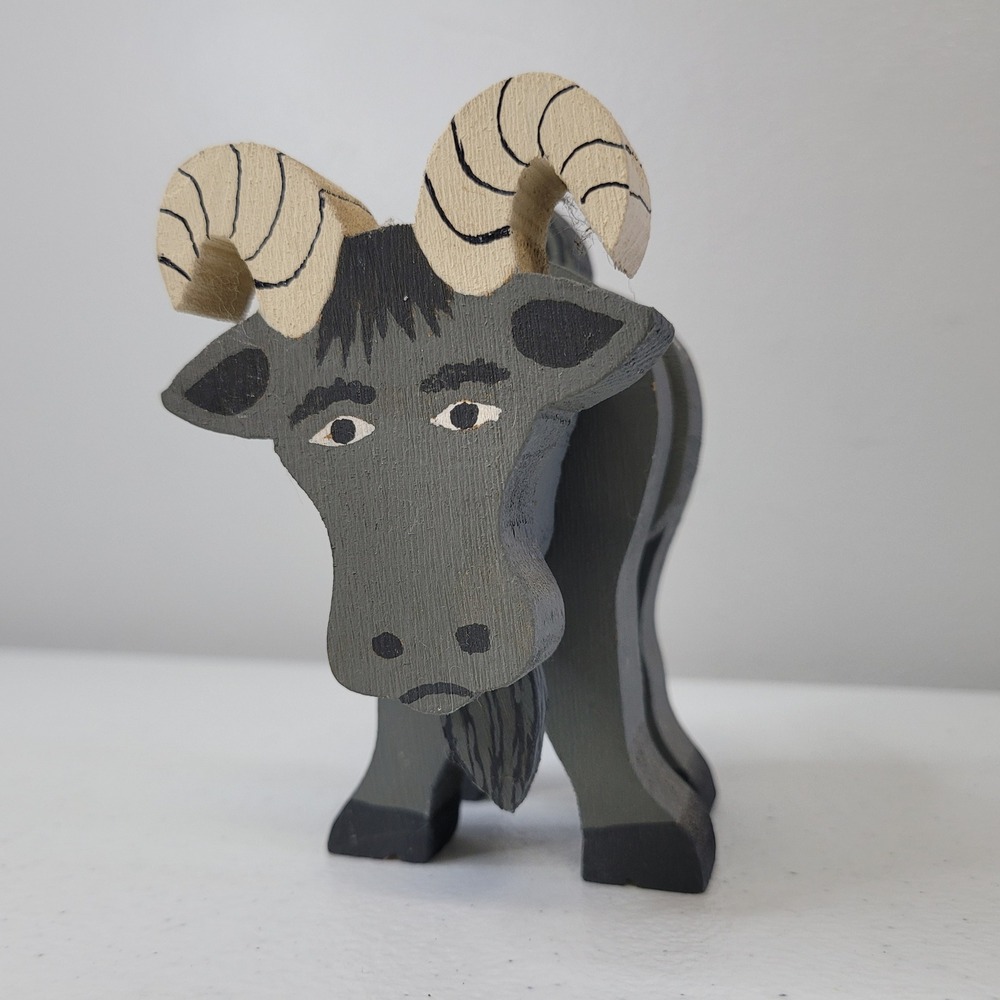 Vintage Hand Painted Wooden Ram Figurine Grey Folk Art Goat Billy Sheep Mountain